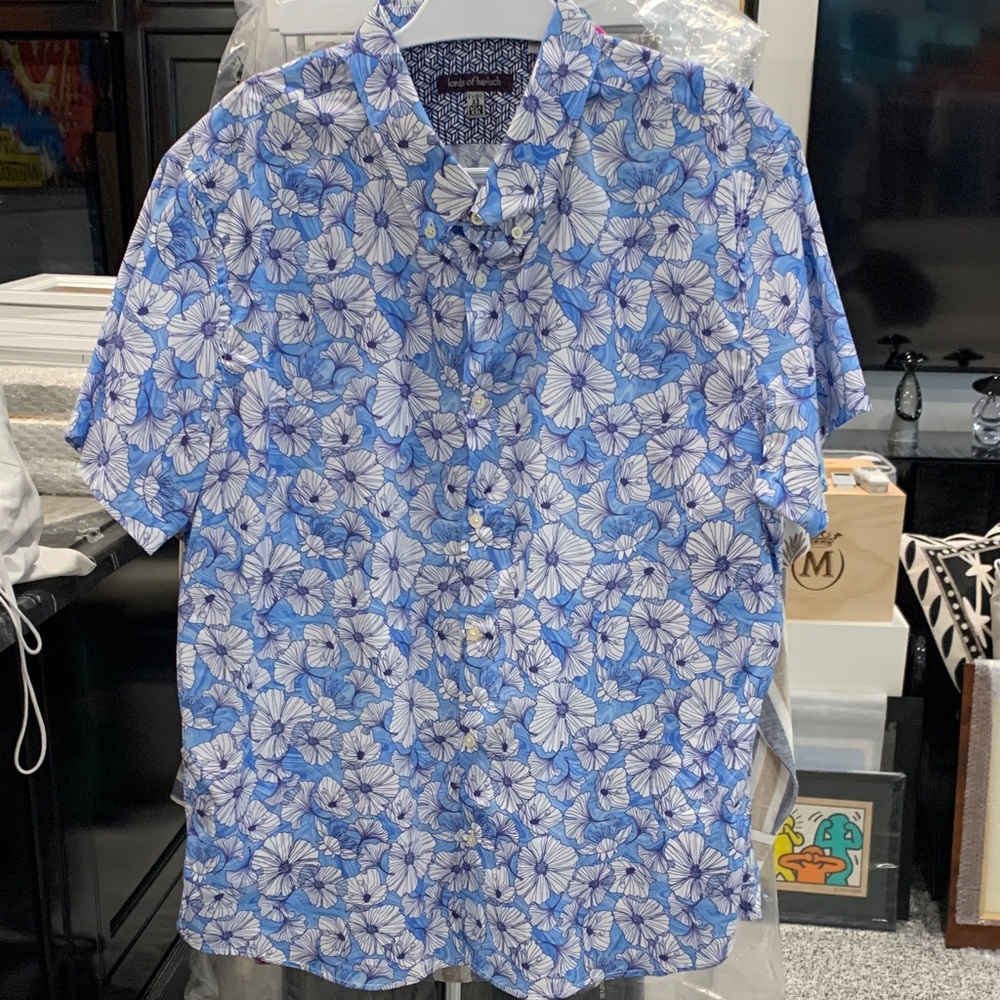 Lands' End Blue Floral Short-Sleeve Button-Down Shirt